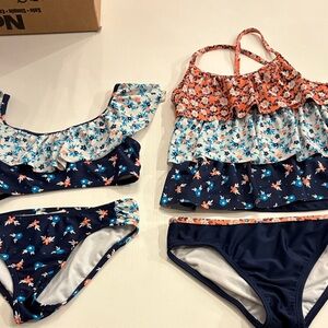 Jessica Simpson Girls' Navy & Coral Floral Ruffle Tankini and Bikini Set